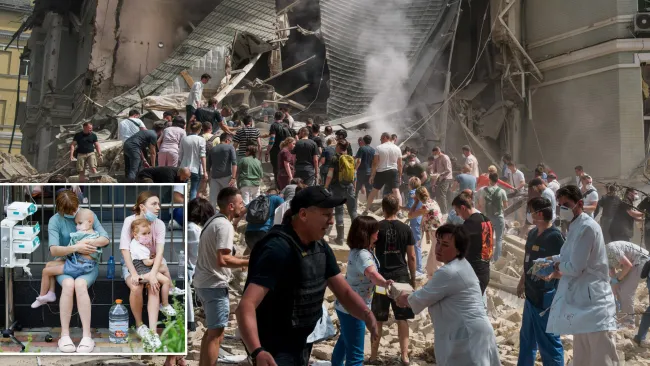 People form human chain to rescue children from rubble of destroyed hospital