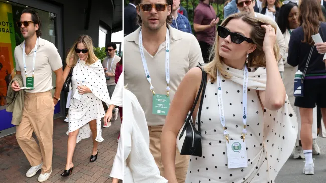 Margot Robbie drapes baby bump in chic dress at Wimbledon with husband Tom Acklerley