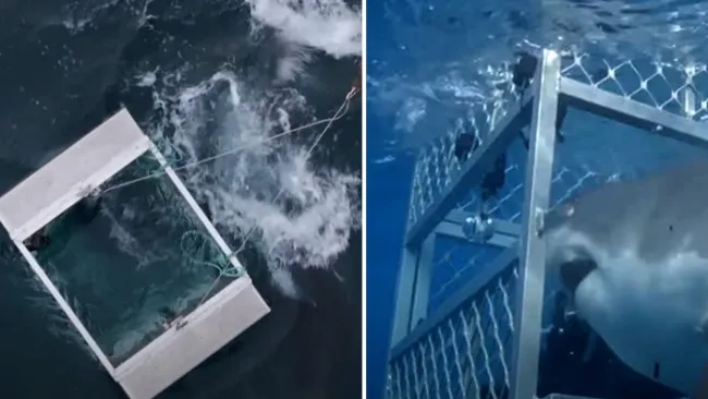 Viewers shaken by moment huge great white shark bursts through TV star’s cage