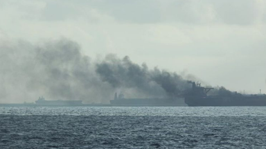 Two large oil tankers collide and catch fire near Singapore