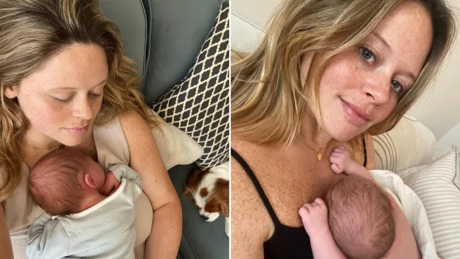 Emily Atack shares sweet photos with new baby while ‘still in the Barney bubble’