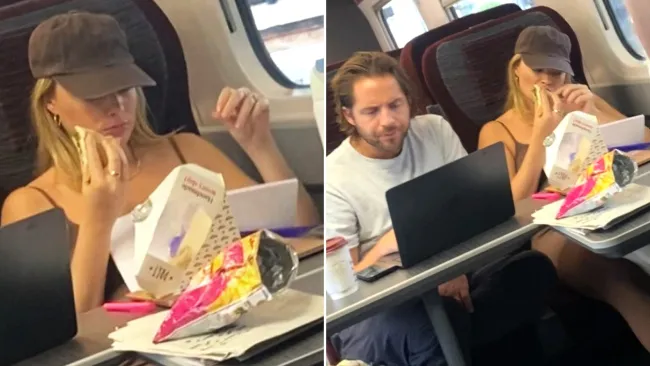 Pregnant Margot Robbie attempts to go incognito while eating Pret on train