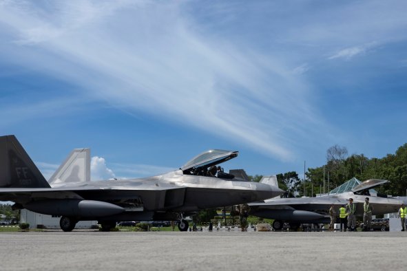 US Air Force F-22 Fighter Jets Visit Strategic Air Bases on South China Sea