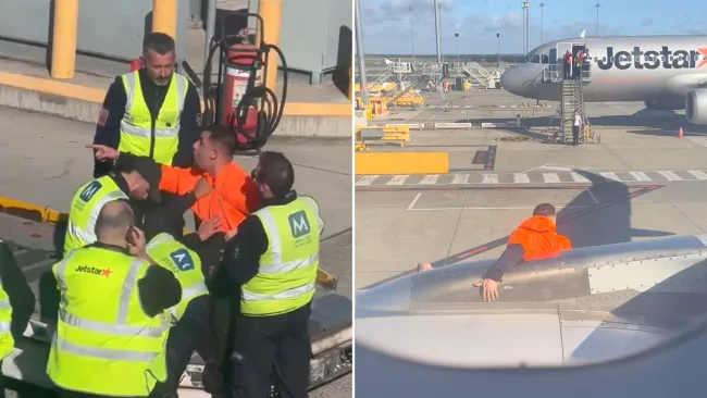 Jetstar passenger charges through plane door and walks along wing