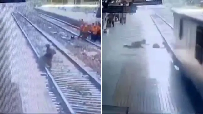 Woman crushed by high-speed train narrowly saved by police officer