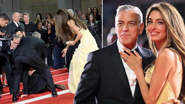 George Clooney tears himself away from stunning wife Amal to help after red carpet accident