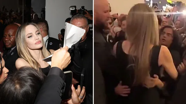 The shocking moment Angelina Jolie is grabbed by an overzealous fan in chaotic scrum