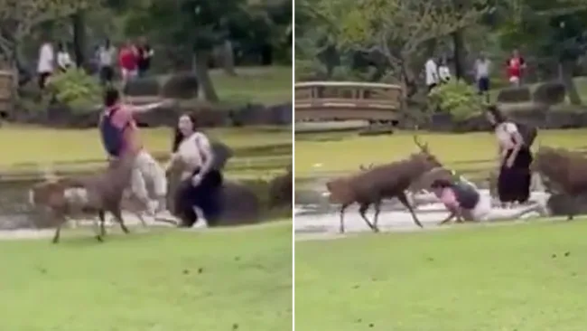 Painful moment tourist is rammed by a deer while taking photo of his partner